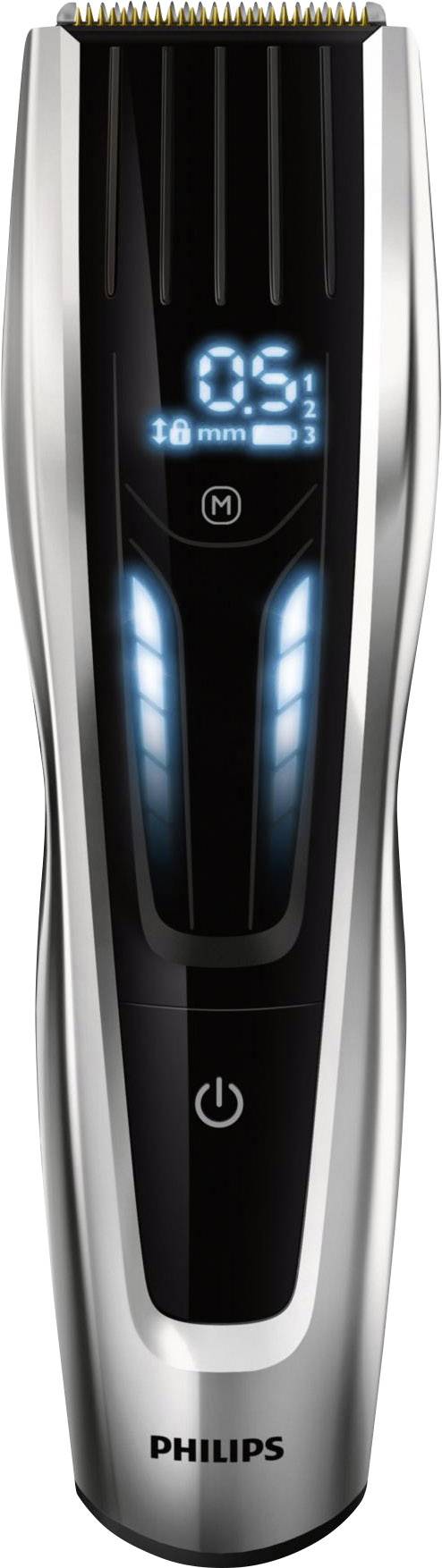 Tondeuse électrique Philips avec affichage numérique indiquant la longueur de coupe. Design en noir et argent.