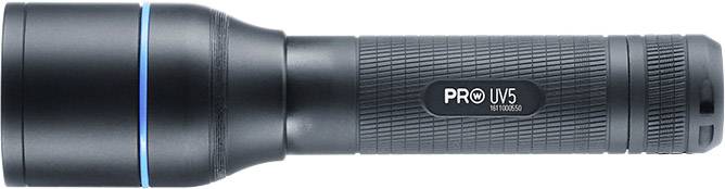 Lampe de poche noire avec anneau bleu sur la tête, marquée sur le côté 'PRO UV5'.