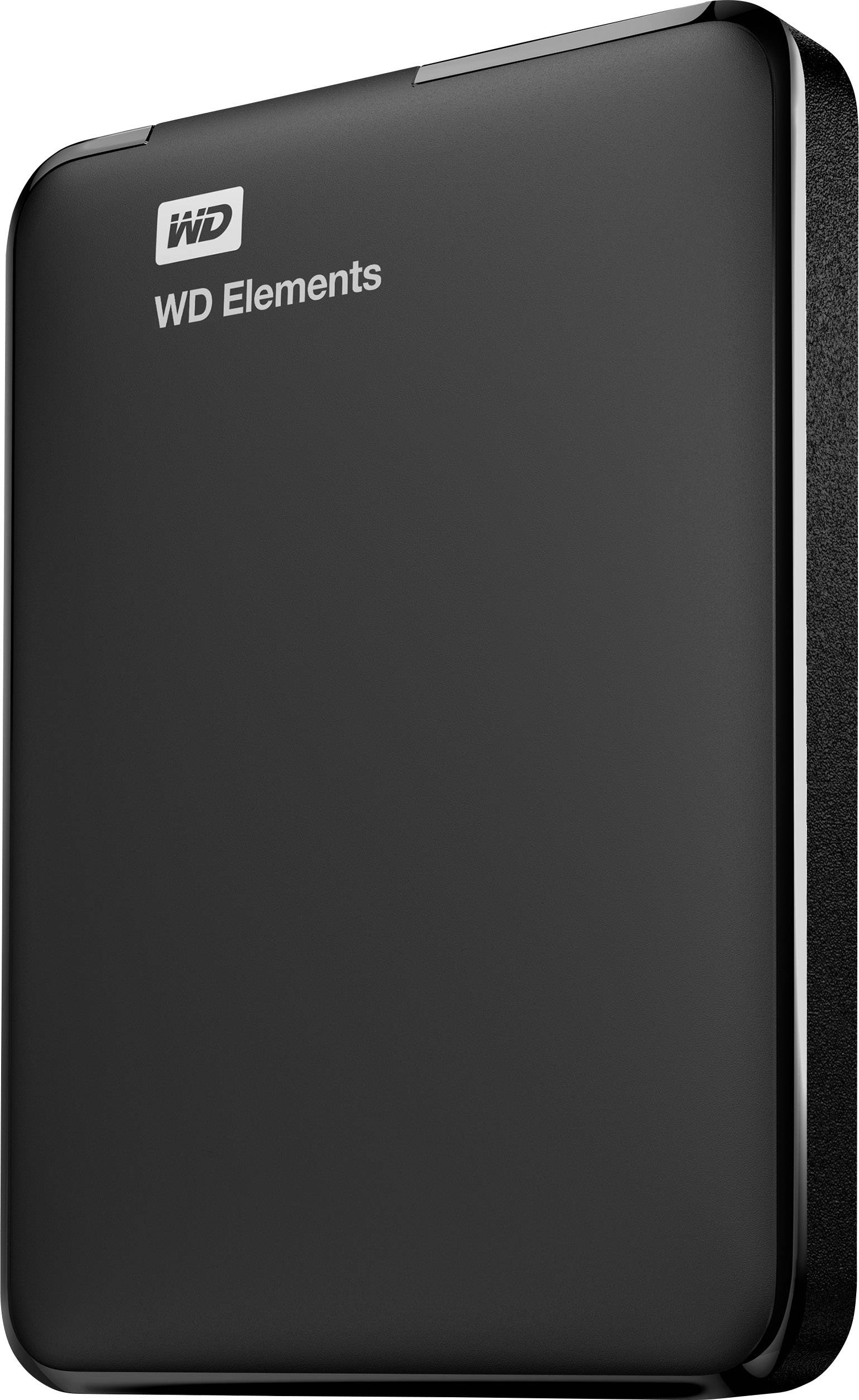Un disque dur externe noir de la marque WD Elements, posé légèrement incliné.
