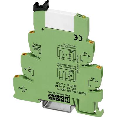Module relais vert de PHOENIX CONTACT avec impression de spécifications techniques, adapté pour une utilisation dans les systèmes électriques de commutation.