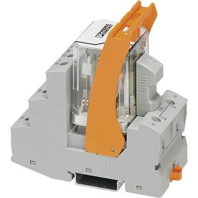 Un relais électromécanique gris avec un levier orange et un capot de protection transparent, monté sur un adaptateur de rail DIN.