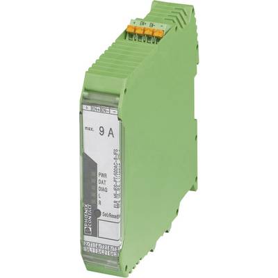 Un disjoncteur électrique vert portant l'inscription 'max. 9A'. Il dispose de connexions en haut et de marquages sur le côté.