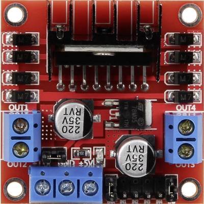 Module de commande moteur rouge avec plusieurs bornes de connexion, deux condensateurs argentés et un dissipateur thermique noir au-dessus.