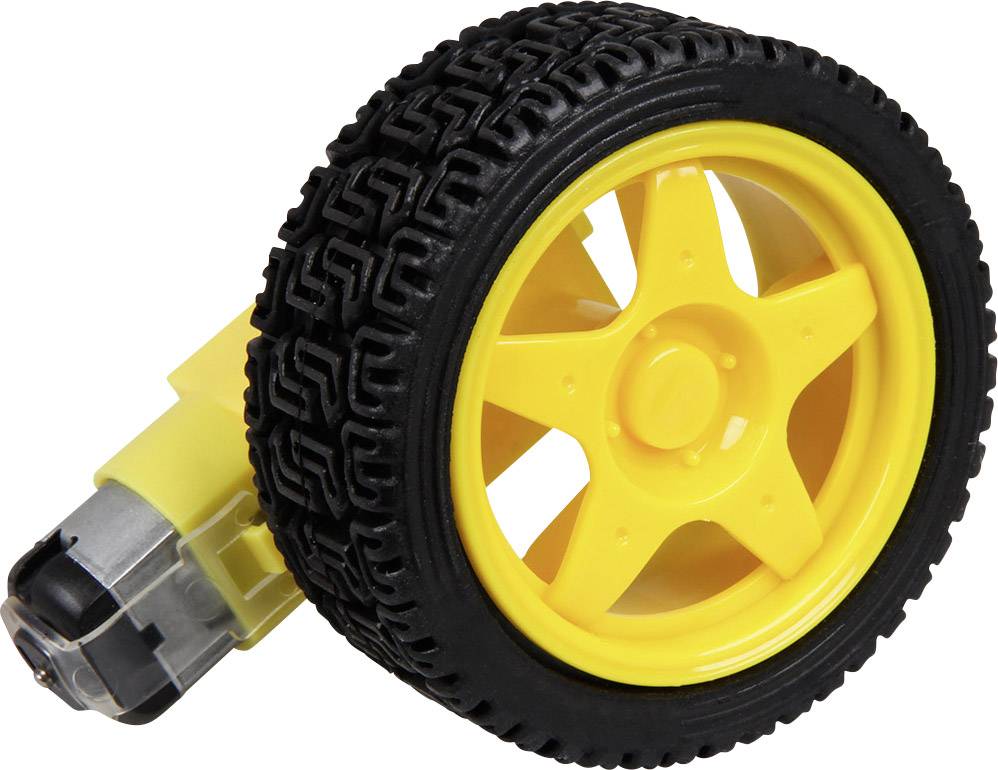 Roue en plastique jaune avec un pneu à profil noir et un moteur électrique intégré, adaptée aux petits véhicules électriques ou aux robots.