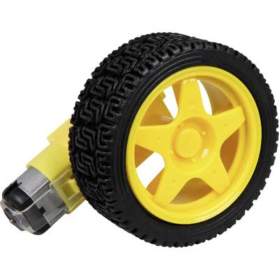 Roue en plastique jaune avec un pneu à profil noir et un moteur électrique intégré, adaptée aux petits véhicules électriques ou aux robots.
