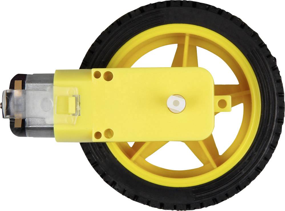 Une roue jaune avec un pneu en caoutchouc noir et un moteur jaune, représentée de côté, sur un fond blanc.