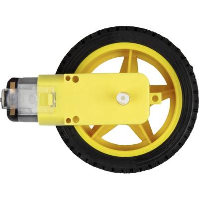 Une roue jaune avec un pneu en caoutchouc noir et un moteur jaune, représentée de côté, sur un fond blanc.