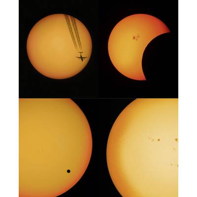 Quatre images du soleil : Avion devant le soleil, éclipse solaire partielle, Vénus devant le soleil, surface solaire avec taches solaires.