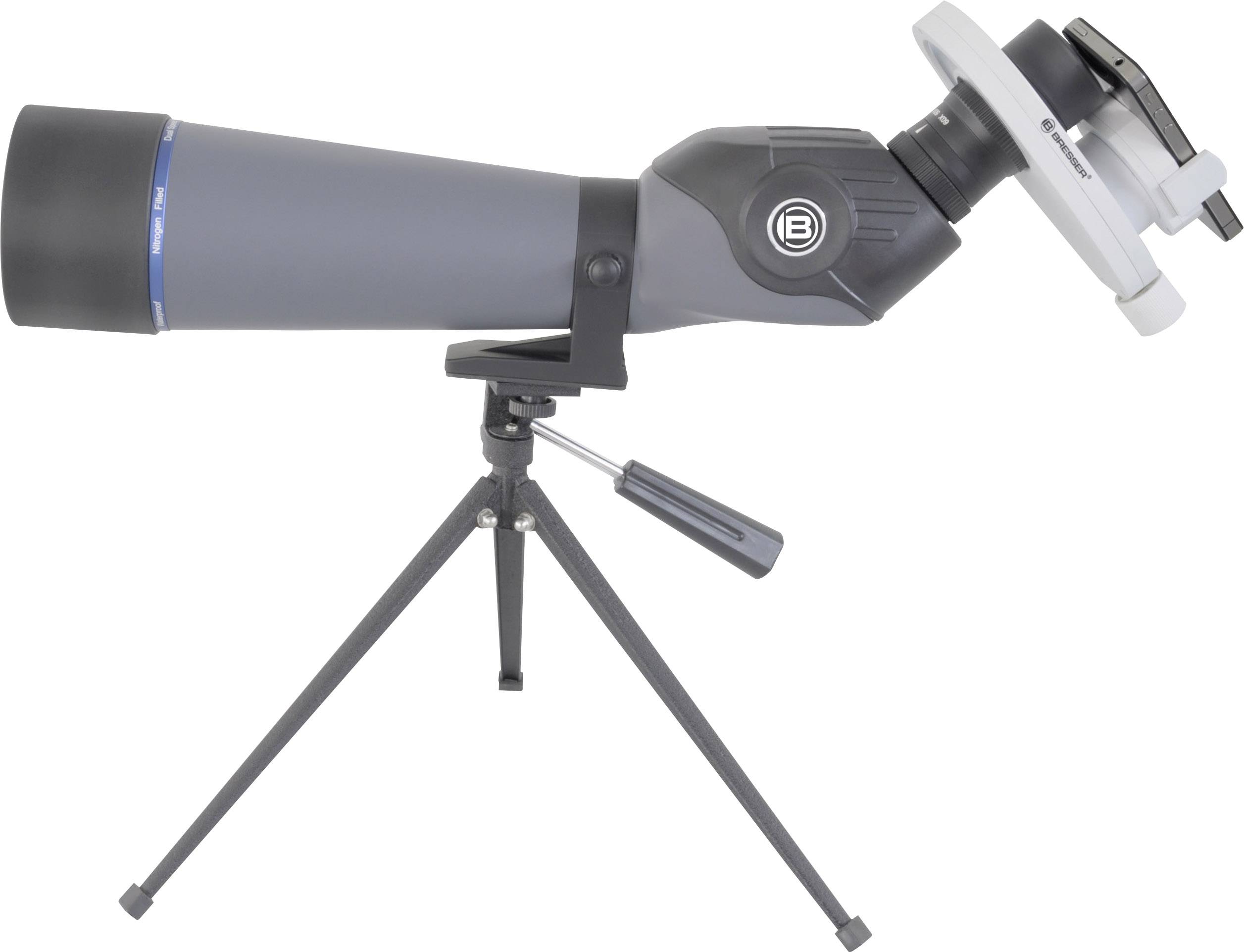 Un télescope gris sur un trépied noir et argenté, vue de côté. Idéal pour l'observation du ciel et l'astronomie.