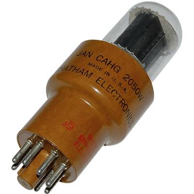 Tube électronique avec embase brune et broches métalliques. Inscription : 'JAN CAHG 2050W', 'Chatham Electronics', 'Fabriqué aux États-Unis'.