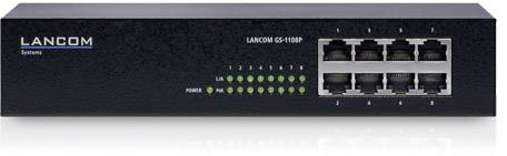 'Commutateur réseau LANCOM GS-1108P avec huit ports Ethernet et voyants d'état, adapté aux infrastructures réseau de petite à moyenne envergure.'