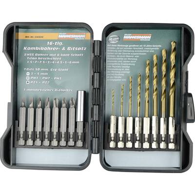 Boîte à outils ouverte contenant un ensemble de 16 pièces de forets combinés et d'embouts, comprenant des forets HSS, un porte-embouts magnétique et les détails de la garantie.