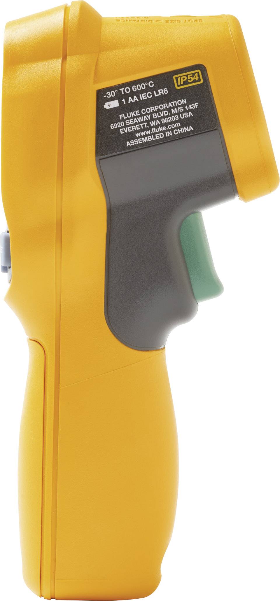 Un thermomètre infrarouge jaune pour mesurer la température sans contact, avec bouton et écran, adapté pour des températures allant de -30 à 600 degrés Celsius.