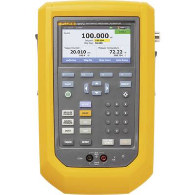 Un appareil portable de calibrage à affichage numérique montre en grands chiffres '100.000'. Autres valeurs mesurées : pression '20.010', température '72.22'.