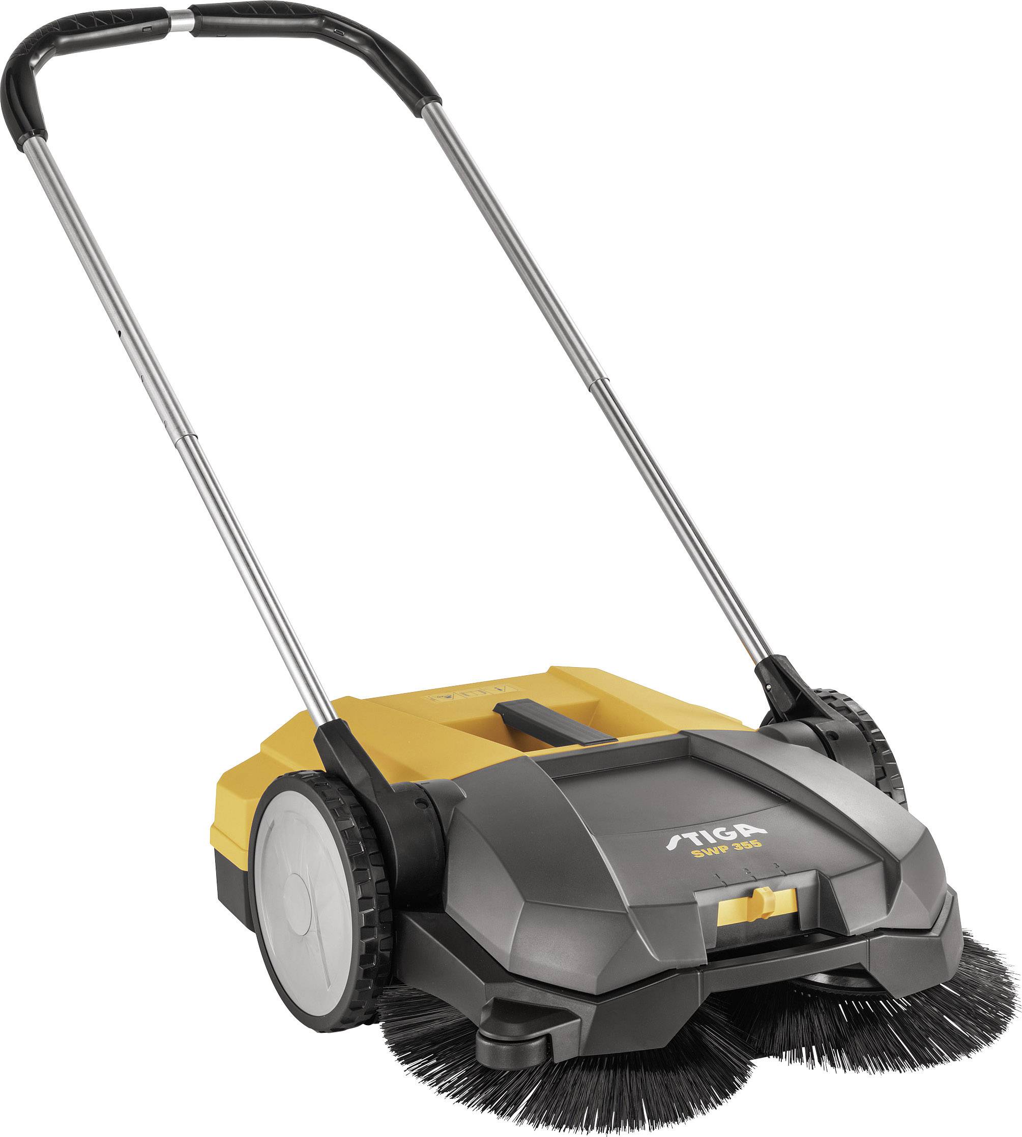 Balayeuse manuelle avec boîtier jaune et brosses noires, adaptée au nettoyage des surfaces extérieures.