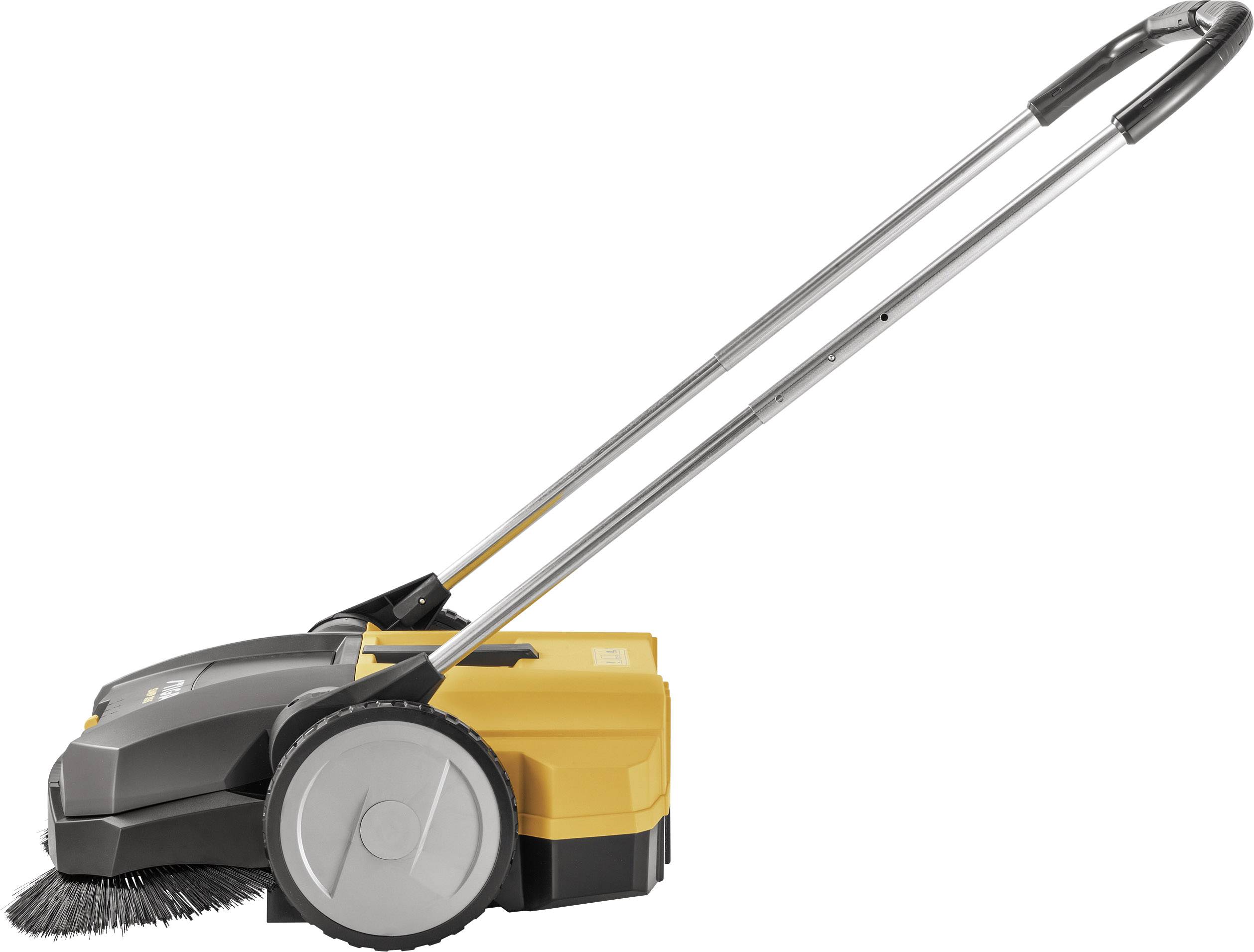 Balayeuse manuelle avec boîtier noir et jaune, grandes roues et longue poignée. Adaptée pour le nettoyage des surfaces extérieures.