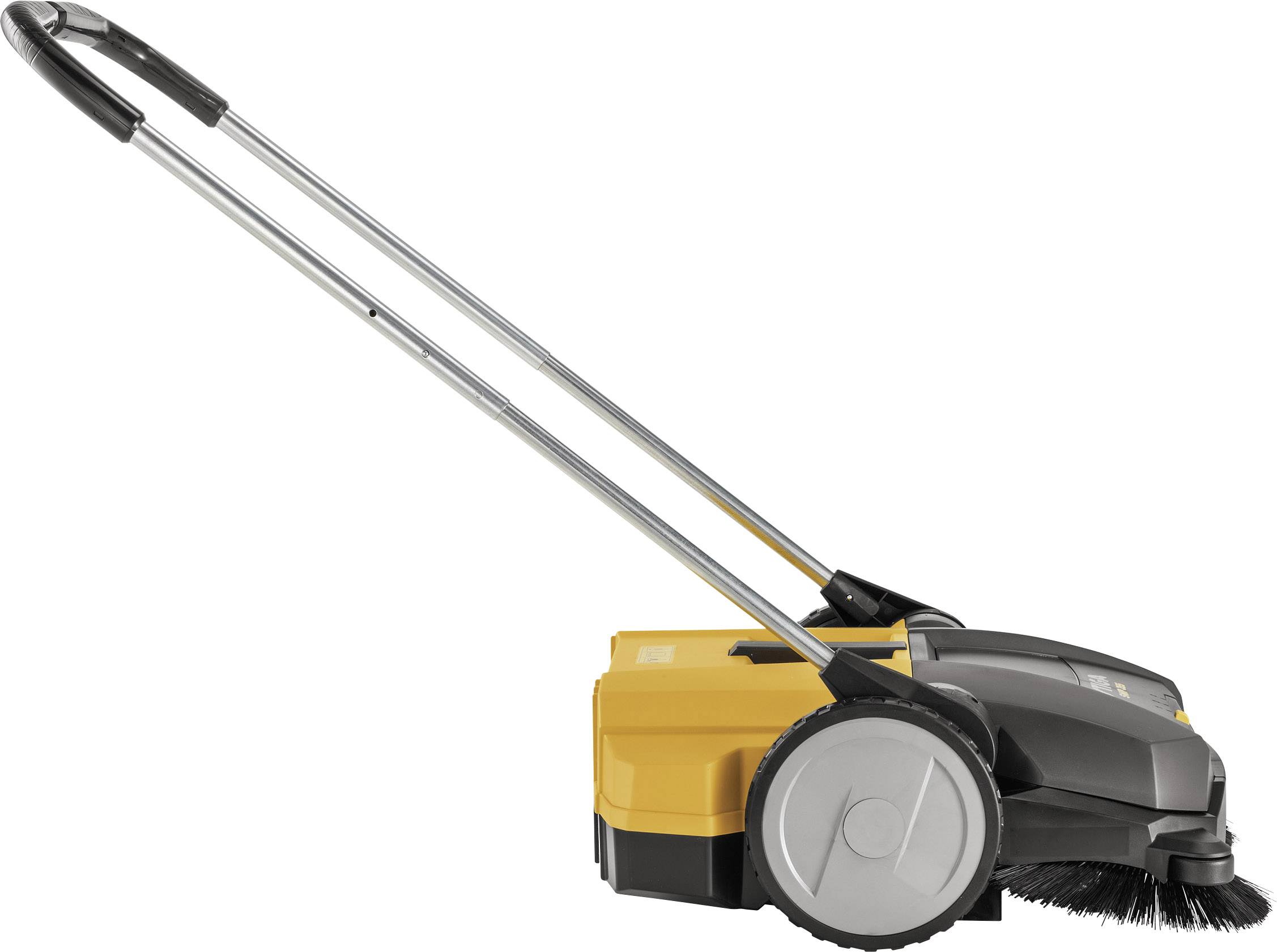 Machine de nettoyage manuelle avec boîtier jaune et noir et deux grandes roues, balai circulaire latéral visible, adaptée au nettoyage extérieur.