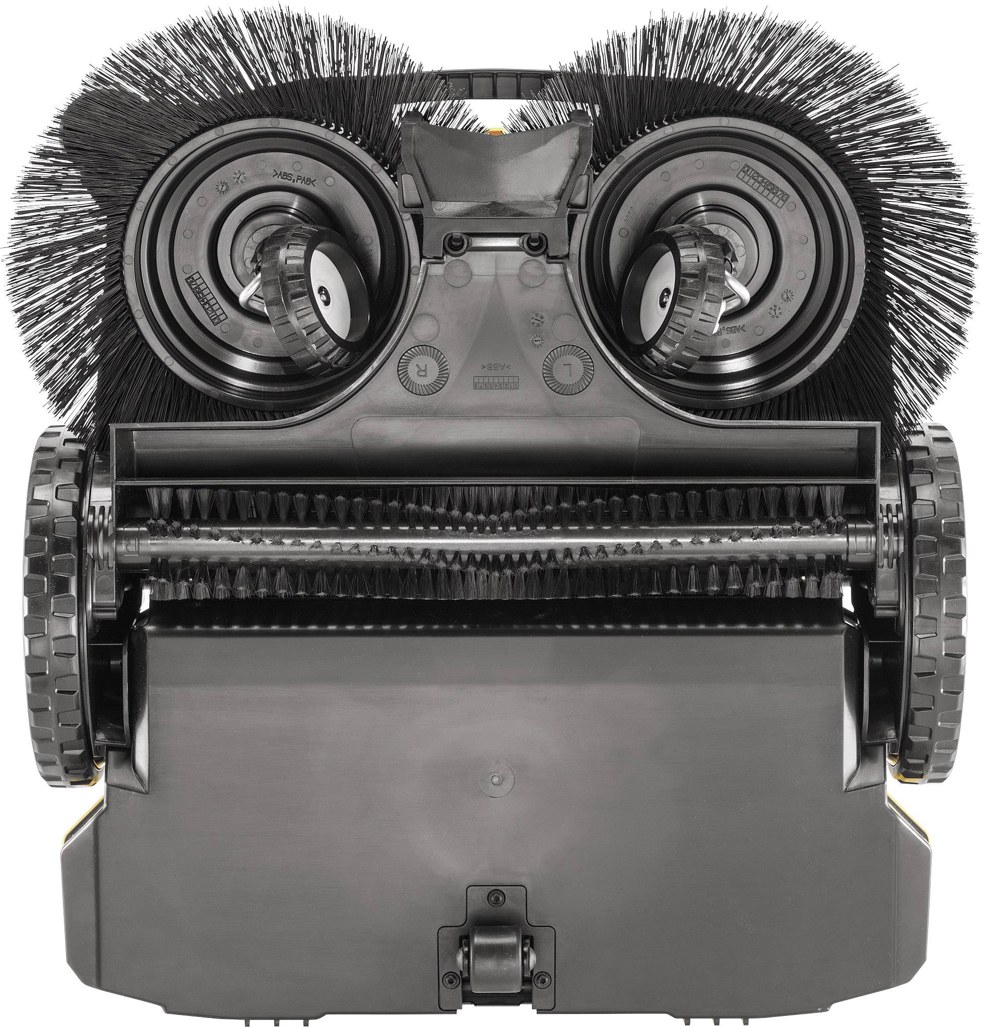 Vue arrière d'un balai mécanique équipé de deux grandes brosses circulaires et de roues. Elle met en évidence les composants mécaniques destinés au nettoyage.