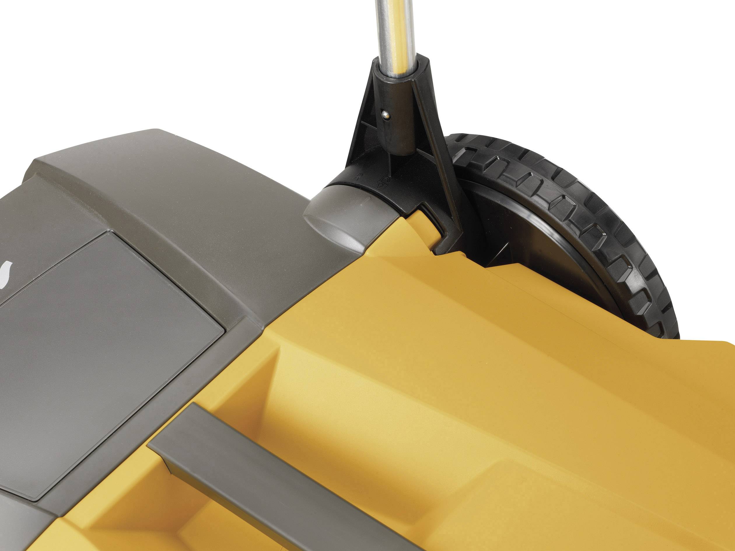 Machine de nettoyage jaune et noire avec une poignée et une roue, présentant un design moderne pour les tâches de nettoyage.