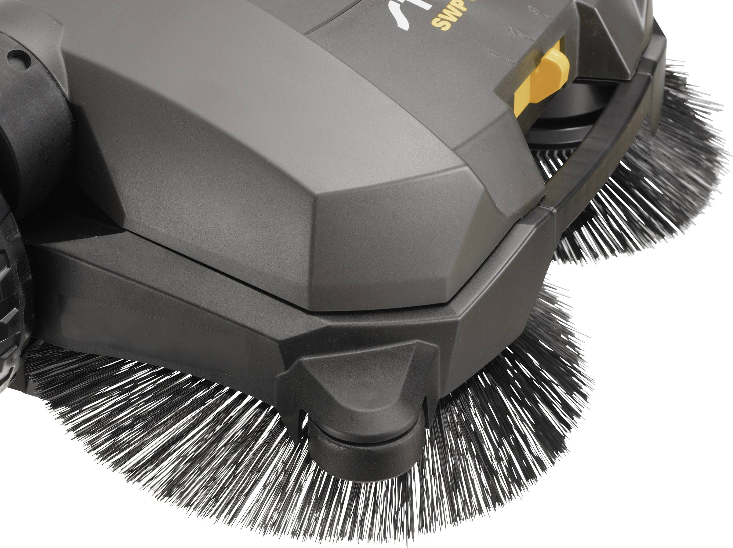 Accessoire de balayeuse noir avec brosses rotatives pour le nettoyage des sols, optimal pour une utilisation industrielle.