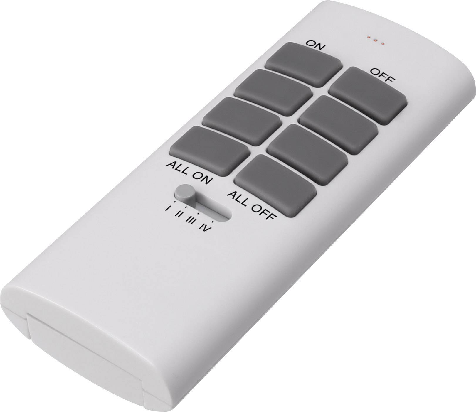Une télécommande blanche avec quatre paires de touches grises, étiquetées 'ON', 'OFF', 'ALL ON', 'ALL OFF', et un interrupteur coulissant en bas.