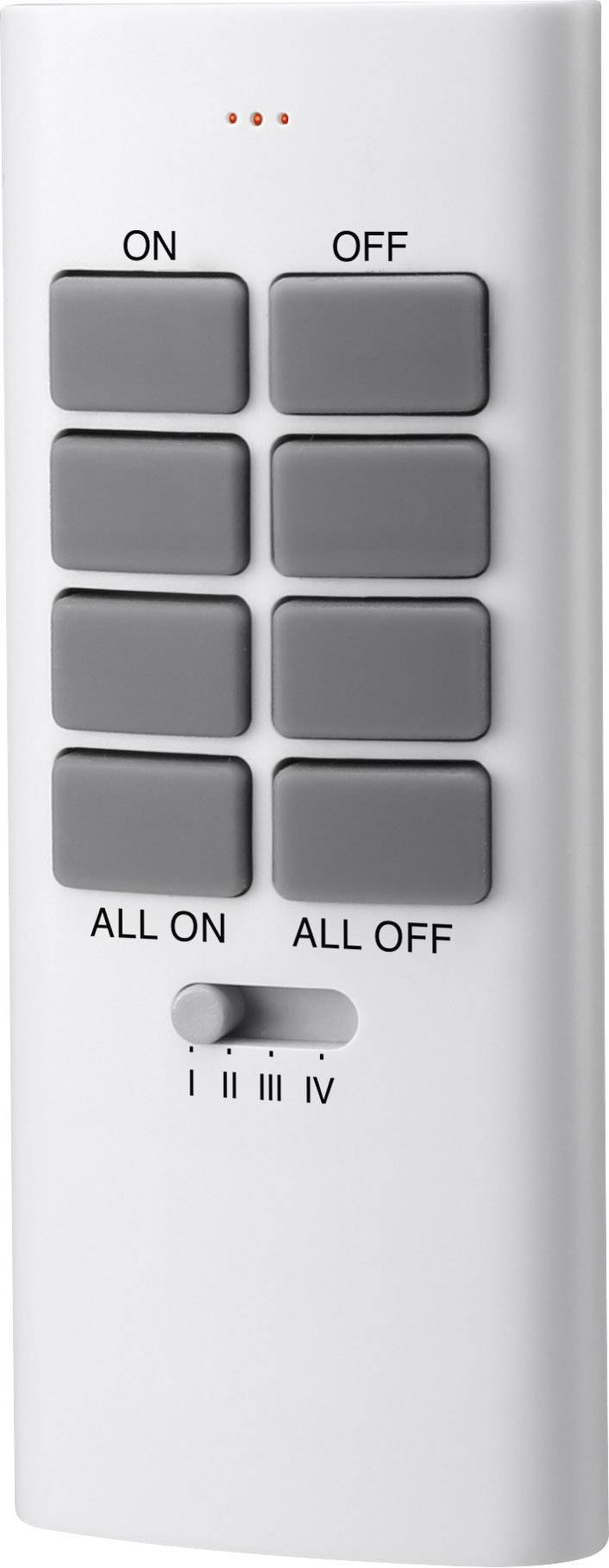 Une télécommande blanche avec quatre touches grises disposées en deux rangées. En haut, "ON", "OFF" ; en bas, "ALL ON", "ALL OFF". En dessous se trouve un curseur portant les chiffres I à IV.