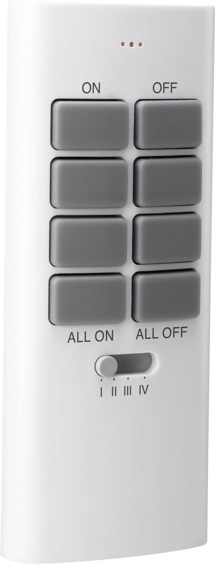 Une télécommande avec des touches grises et un interrupteur coulissant. Inscriptions : 'ON', 'OFF', 'ALL ON', 'ALL OFF'. Quatre petites lumières rouges en haut.