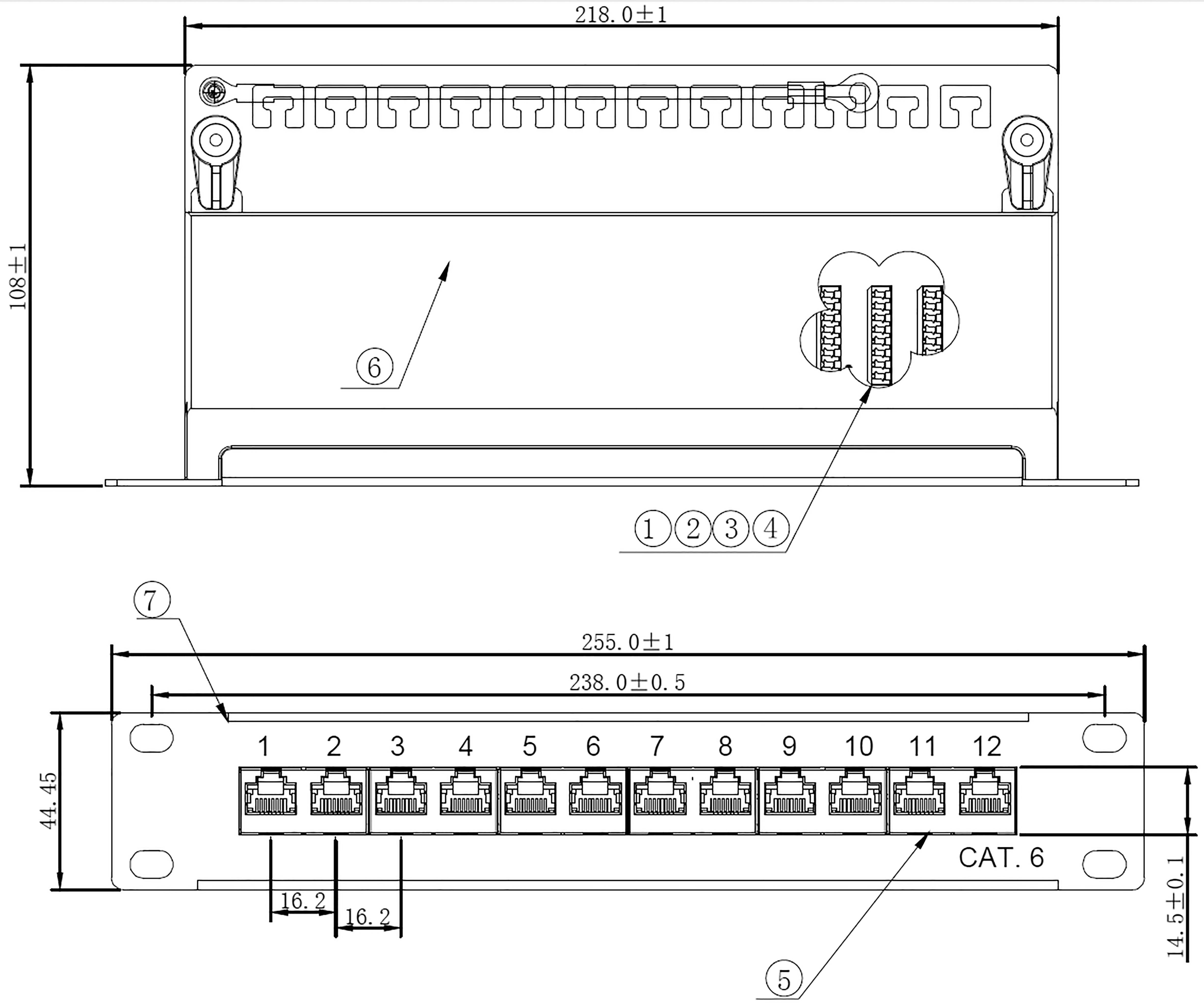 Un dessin technique d'un panneau de brassage avec dimensions, vue de dessus et vue de face. Montre 12 ports, détails des vis et des connexions de câbles.