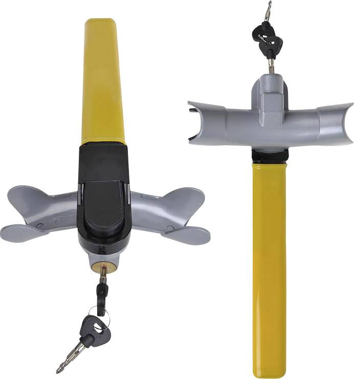 Verrou de volant jaune avec des ailes de fixation grises et une clé dans la serrure, représenté en deux vues : fermé et ouvert.