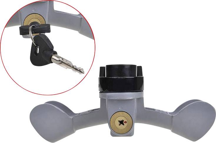 Antivol de direction avec serrure et clé, montrant un cadenas fermé utilisé pour sécuriser le volant contre le vol.