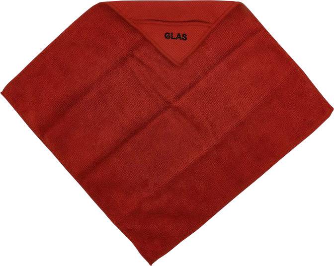 Chiffon en microfibre rouge avec un petit texte tissé 'Verre' dans un coin. Idéal pour nettoyer les surfaces en verre.