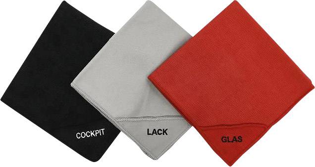 Trois lingettes de nettoyage pliées en noir, gris et rouge, portant les inscriptions 'Cockpit', 'Carrosserie' et 'Vitres' pour des applications spécifiques.