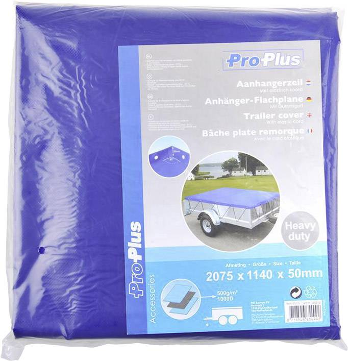 Emballage d'une bâche de protection bleue de la marque ProPlus pour remorque. Dimension : 2075 x 1140 x 50 mm. Convenance : usage intensif.