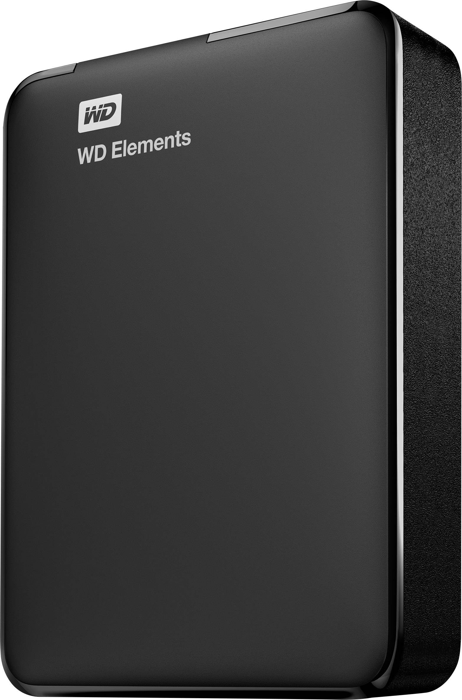 Disque dur externe WD Elements dans un boîtier noir, placé verticalement.