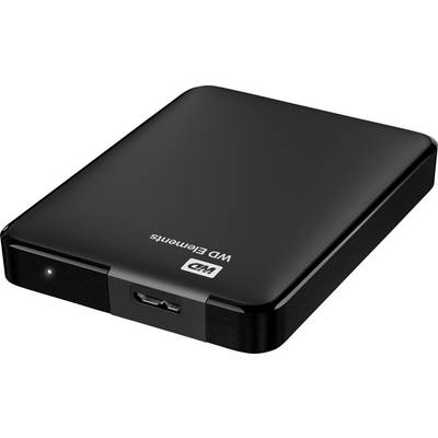 Disque dur externe dans un boîtier noir avec le logo 'WD Elements', port USB et indicateur LED sur le devant.