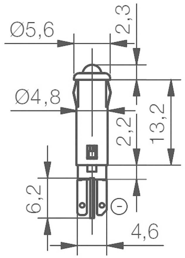 Dessin technique d'une ampoule avec dimensions en millimètres : hauteur 13,2, largeur 5,6 et 4,8 à différents endroits.