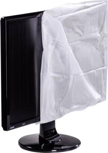 Un écran plat avec une housse de protection amovible, partiellement recouverte. Le pied du moniteur est visible.