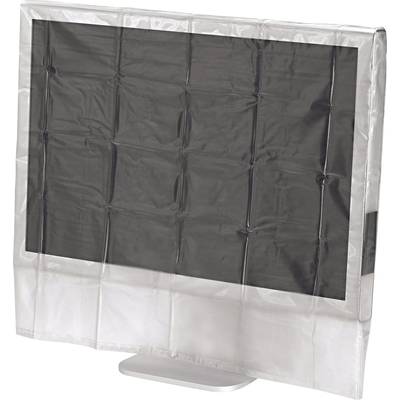 Un moniteur d'ordinateur recouvert d'une housse transparente en plastique protégeant contre la poussière.