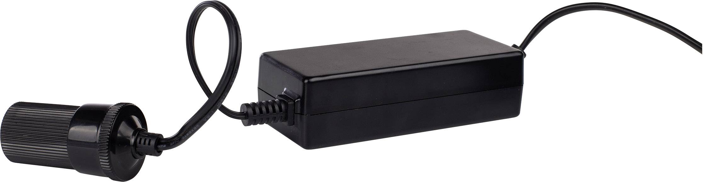 Adaptateur secteur noir avec câble et connecteur, adapté aux appareils électroniques.