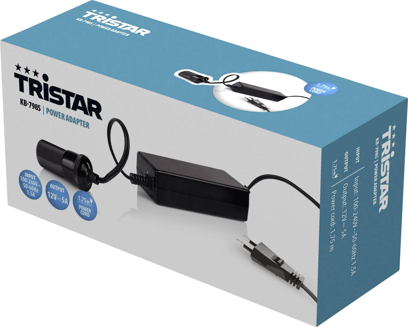 Adaptateur secteur 'Tristar KB-7985', 12V-9.5A ; noir, compact, avec fiche. Idéal pour des applications polyvalentes, longueur : 1,75 m.