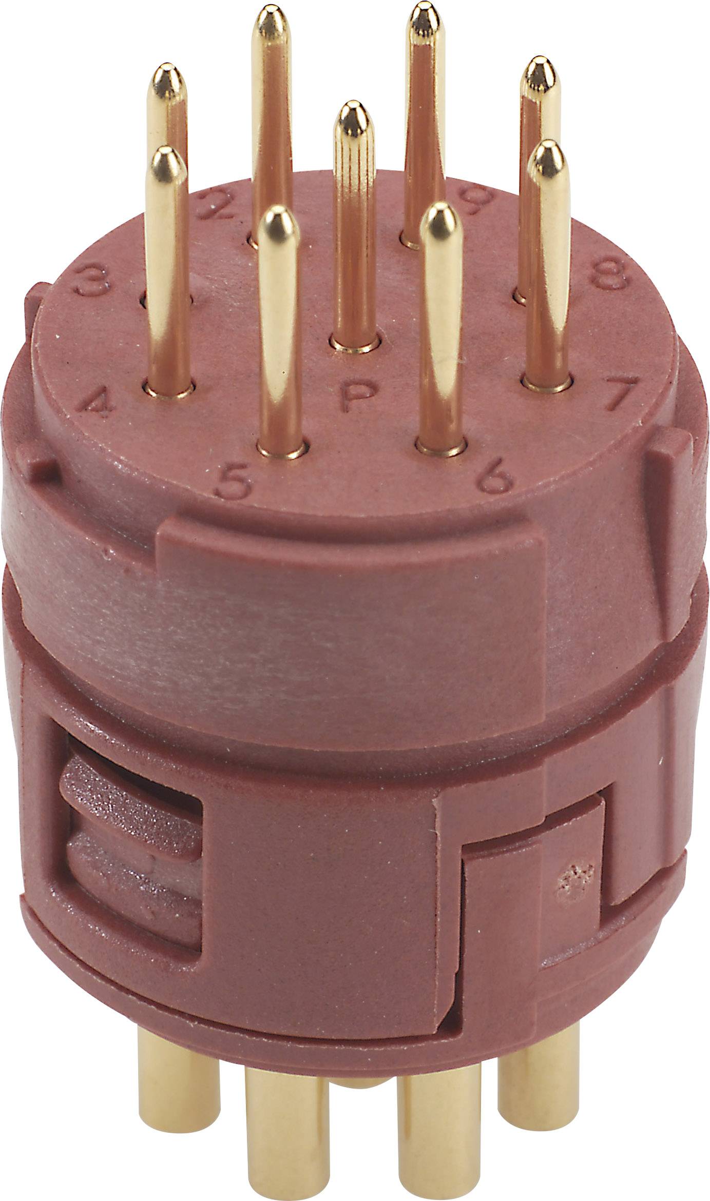 Un connecteur électrique rouge avec huit broches de contact dorées, numérotées de 1 à 9, à l'exception du chiffre 8.