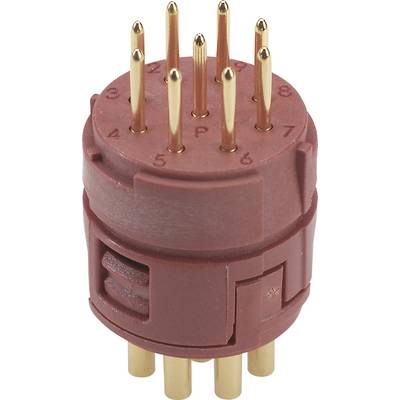 Un connecteur électrique rouge avec huit broches de contact dorées, numérotées de 1 à 9, à l'exception du chiffre 8.