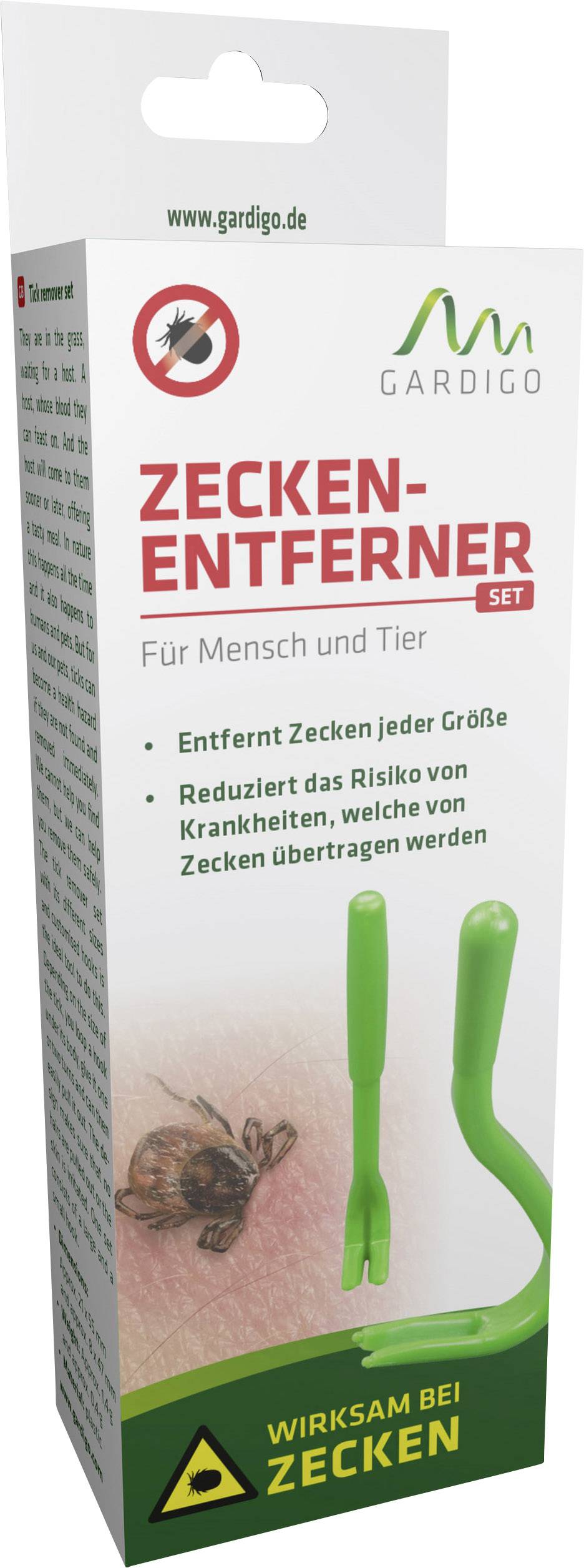 Emballage d'un kit d'enlèvement de tiques, adapté aux humains et aux animaux. Contient des outils pour retirer les tiques en toute sécurité, réduisant le risque de maladie.