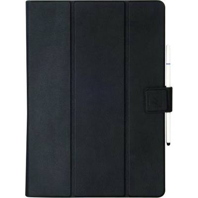 Un étui de tablette noir avec un stylet blanc inséré sur le côté droit.