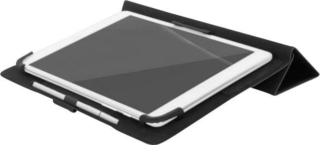 Tablette dans un étui noir avec support de stylo intégré, ouverte et prête à l'emploi.