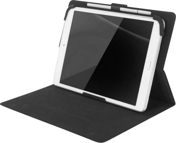 Une tablette dans un étui noir, positionnée verticalement sur un support pliable, avec un stylet placé au-dessus de l'écran.