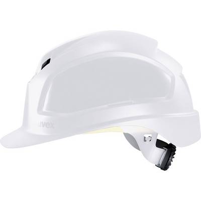 Un casque de protection blanc avec une jugulaire réglable et des évents de ventilation, adapté pour une utilisation sur les chantiers de construction.