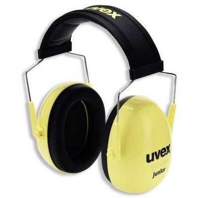 Protège-oreilles jaunes avec arceau noir et l'inscription 'uvex junior' sur les coquilles auditives.