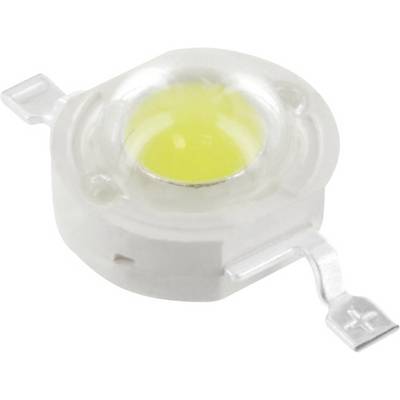 Une LED blanche avec un point lumineux jaune au centre, entourée d'un couvercle transparent en plastique et de deux contacts métalliques.