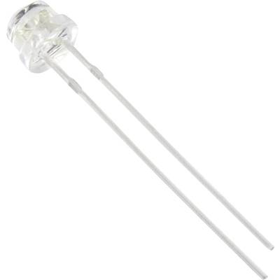 Diode électroluminescente à deux broches, transparente avec capuchon rond, indiquant l'orientation et la forme des broches, typique des circuits électroniques.
